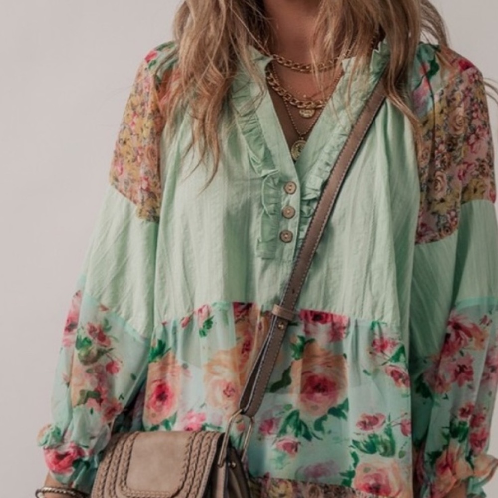 Flowy Sage Floral Print Patchwork Frilled Split Neck Blouse - Picture 2 of 5